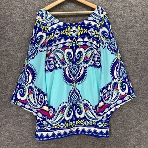 Hello Miss Blouse Women M Medium Blue Paisley 3/4 Sleeve Rayon Open Back Casual